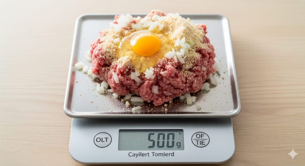 ひき肉と肉の総重量から量を計算